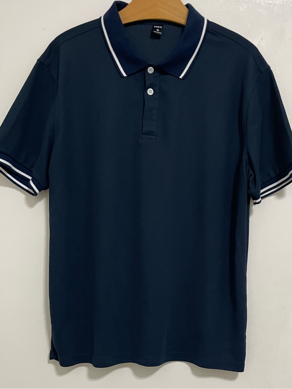 SHEIN Men’s XL Navy Blue Polo Shirt White Trim Short Sleeve Preppy Golf